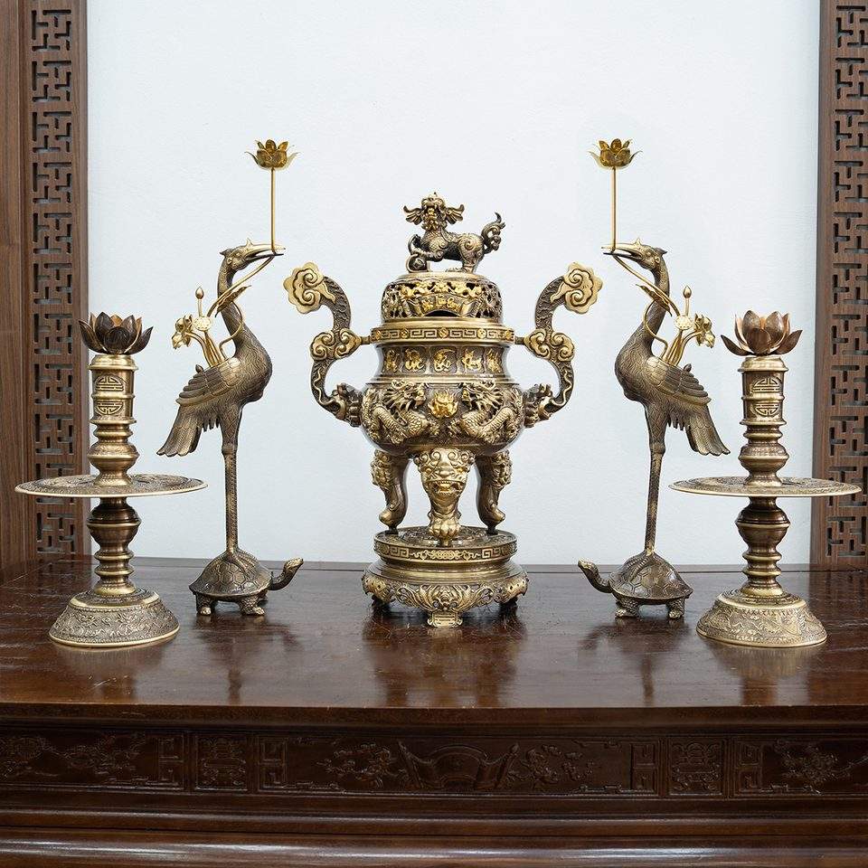 Five-piece bronze altar set, antique patina, dragon censer with crane pair and candlesticks