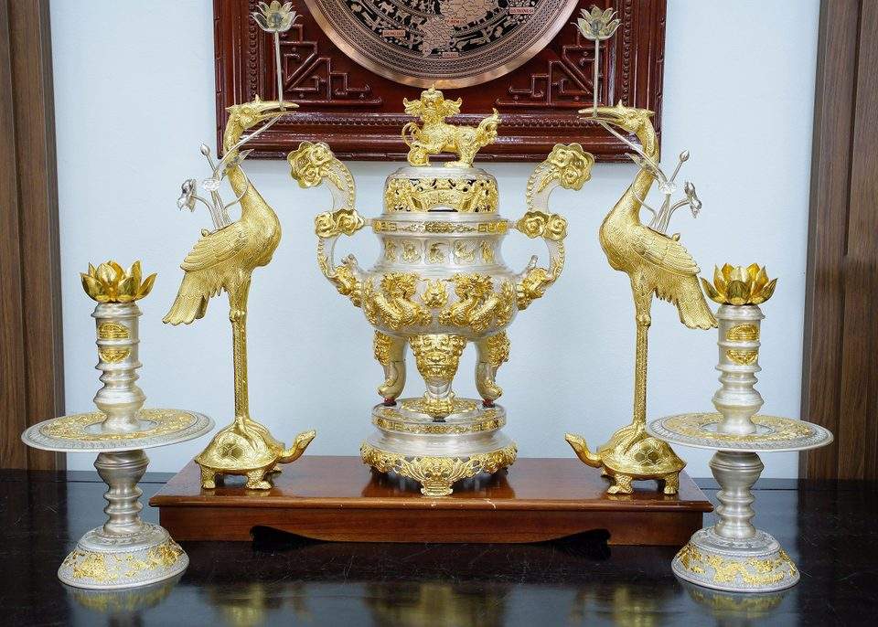 Phuc Loc Tho Khang Ninh set, gilded and silver plated